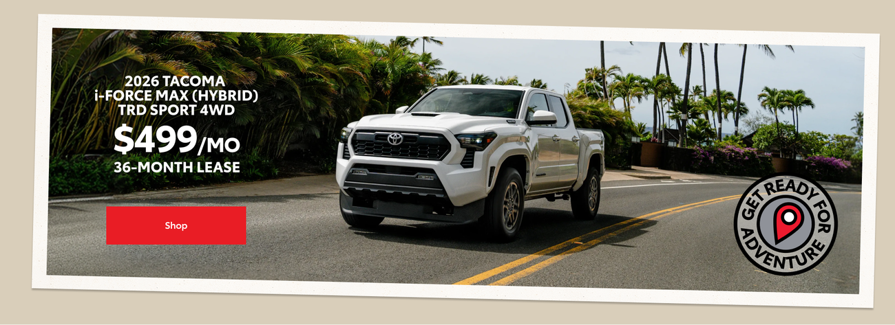 2026 Tacoma i-FORCE MAX (Hybrid) TRD Sport 4WD. Shop our $499/mo 36 month lease.