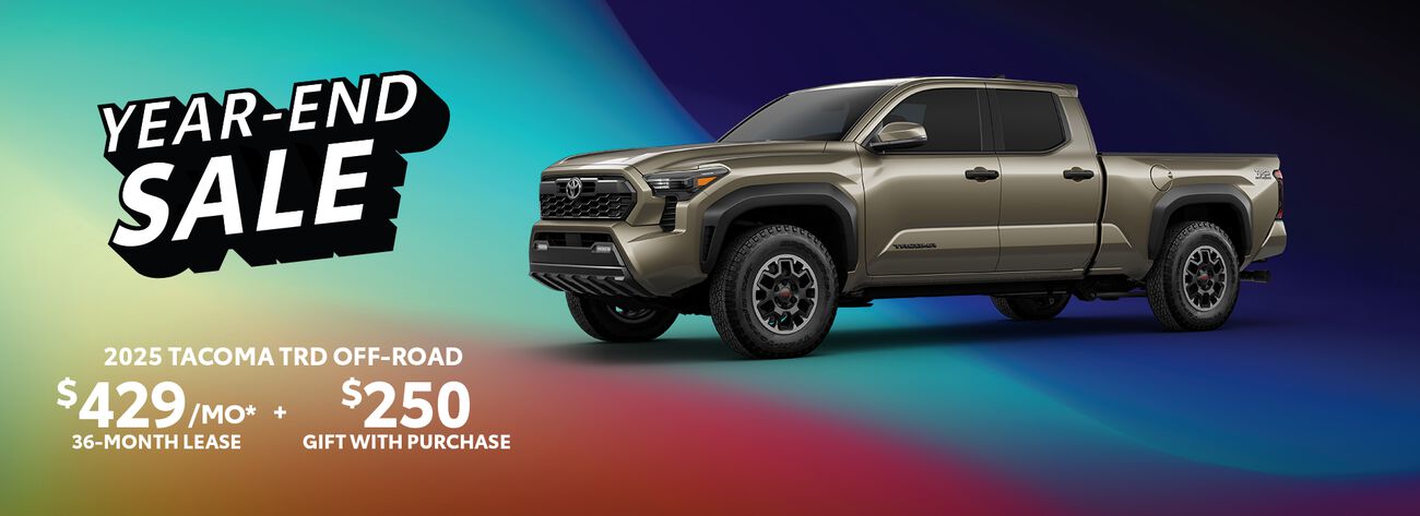 Lease a new 2025 Tacoma TRD Off-Road for just $429 a month plus get a complimentary $250 gift with purchase.